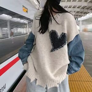 Heart Patchwork knit denim knit Sweater - Cream and Blue